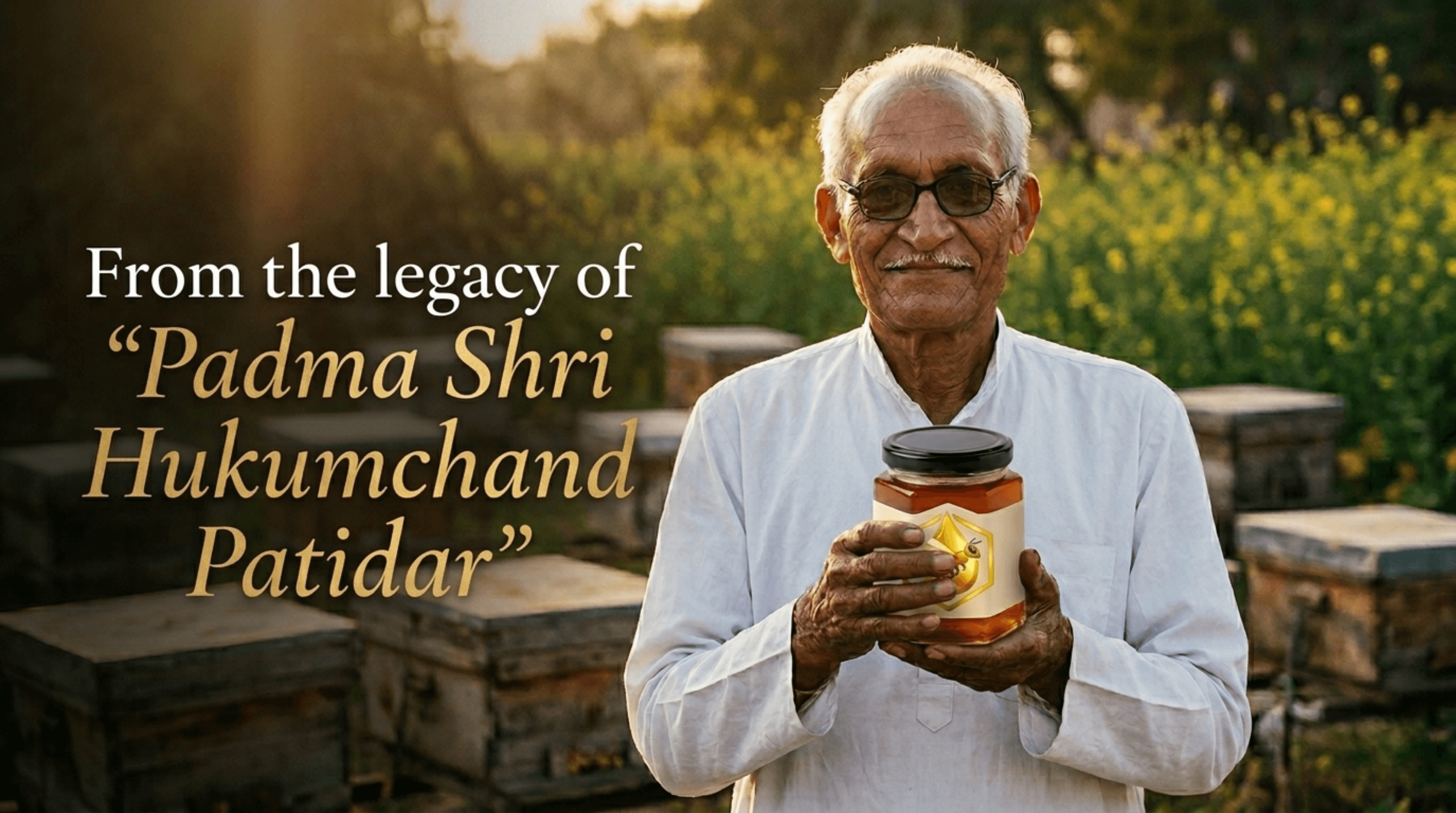 Padma Shri Hukumchand Patidar holding a jar of NectaBee amber honey at his Rajasthan apiary