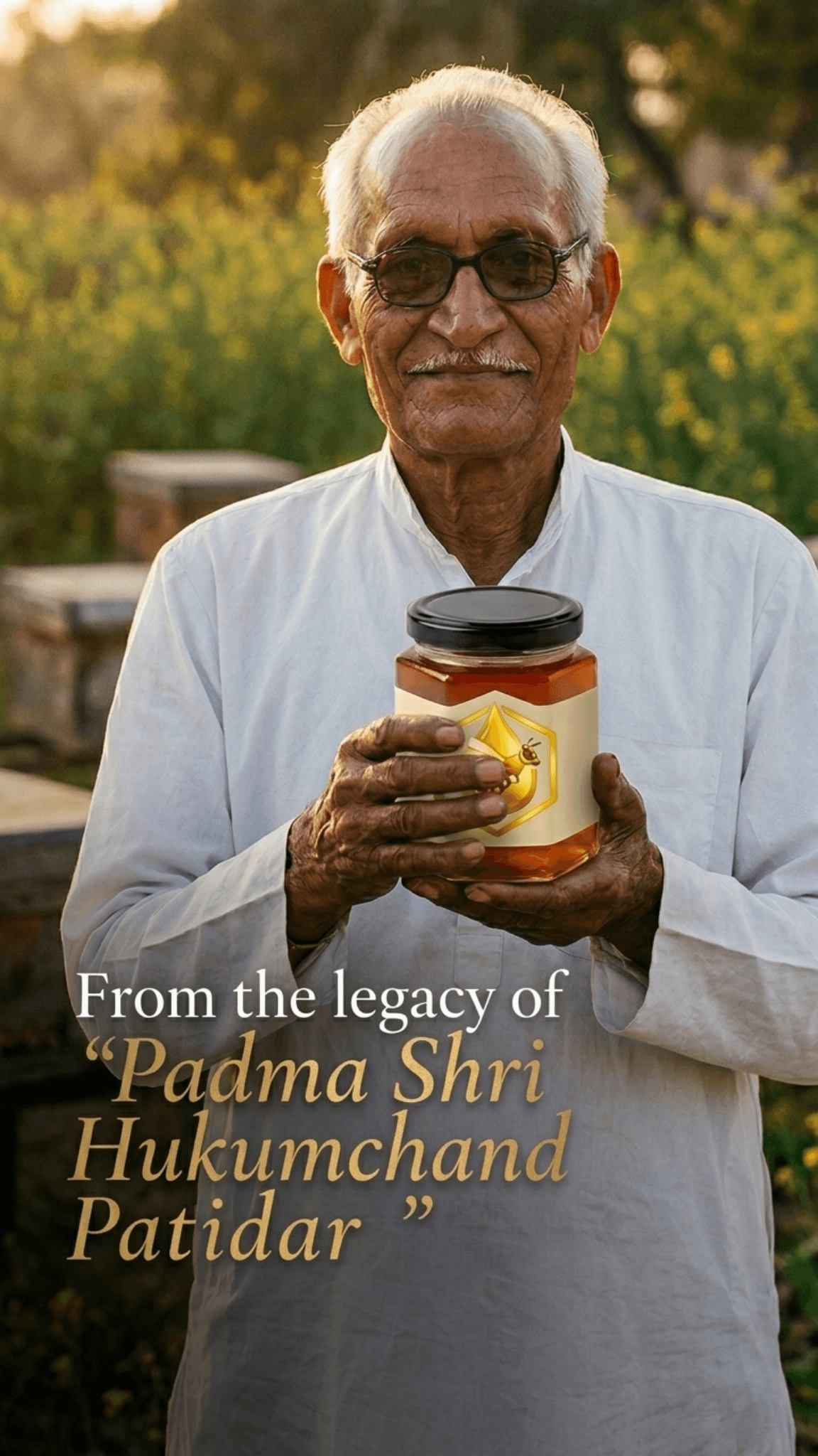 Padma Shri Hukumchand Patidar holding a jar of NectaBee amber honey at his Rajasthan apiary
