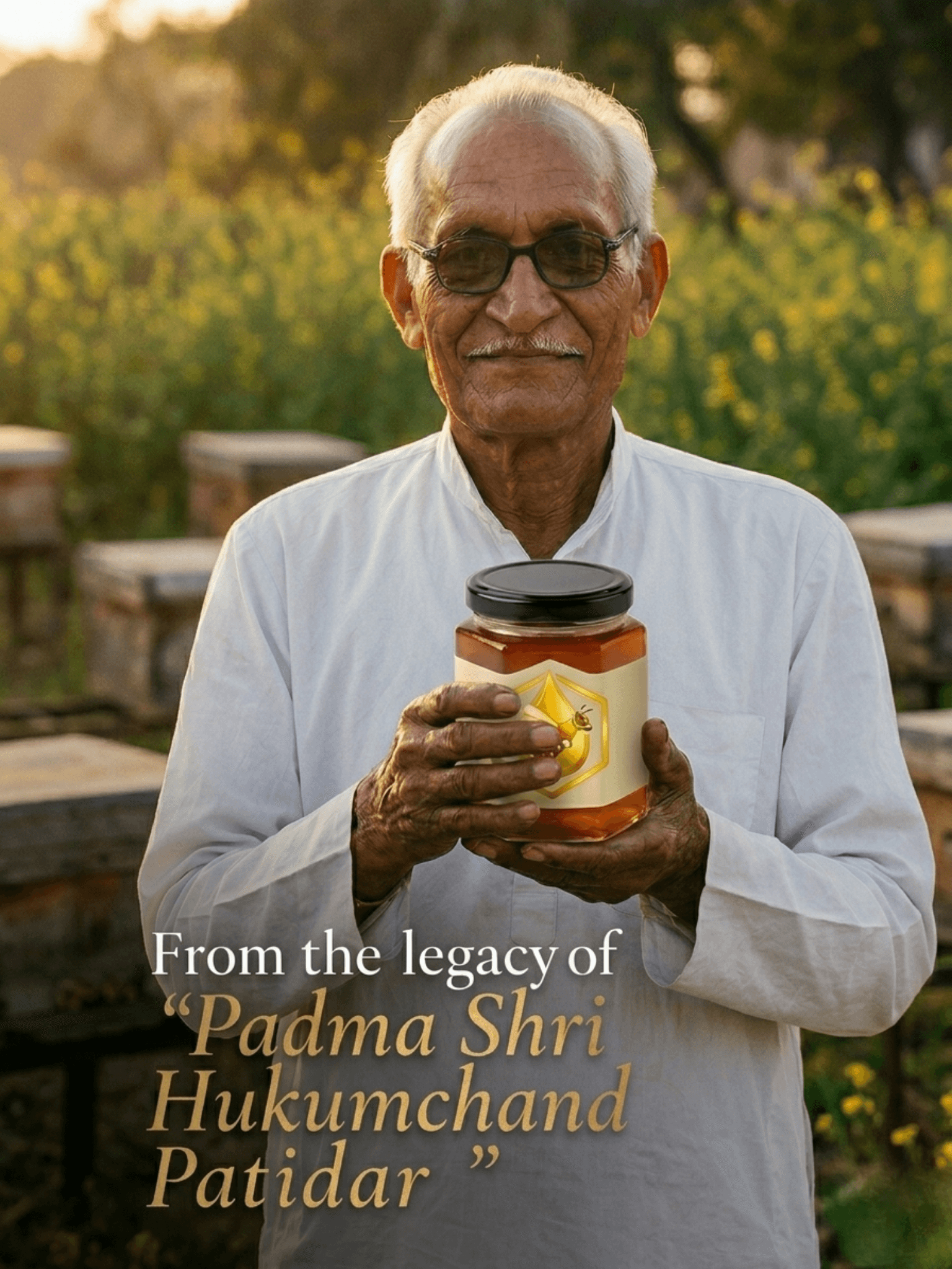 Padma Shri Hukumchand Patidar holding a jar of NectaBee amber honey at his Rajasthan apiary