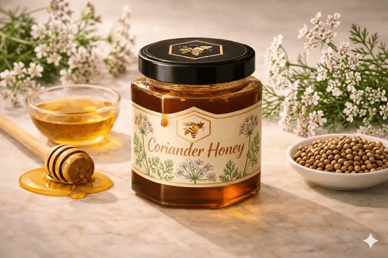 Coriander Honey — Coriander (Coriandrum sativum) blossoms monofloral honey, raw and cold-extracted by NectaBee