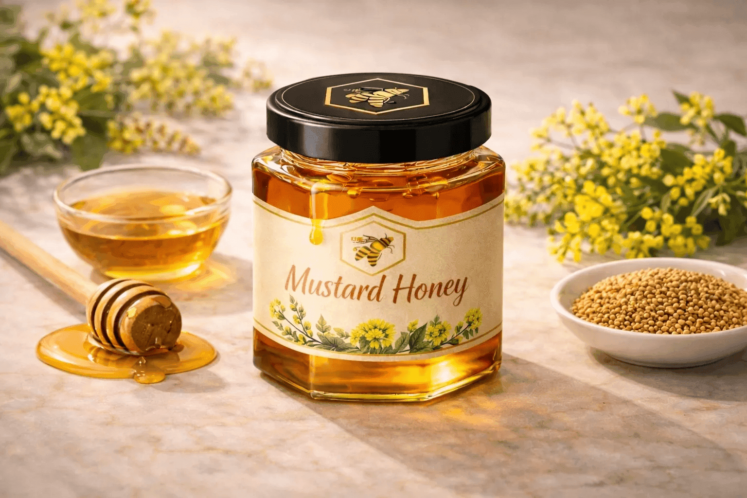 Mustard Honey — Mustard (Brassica) field blossoms monofloral honey, raw and cold-extracted by NectaBee