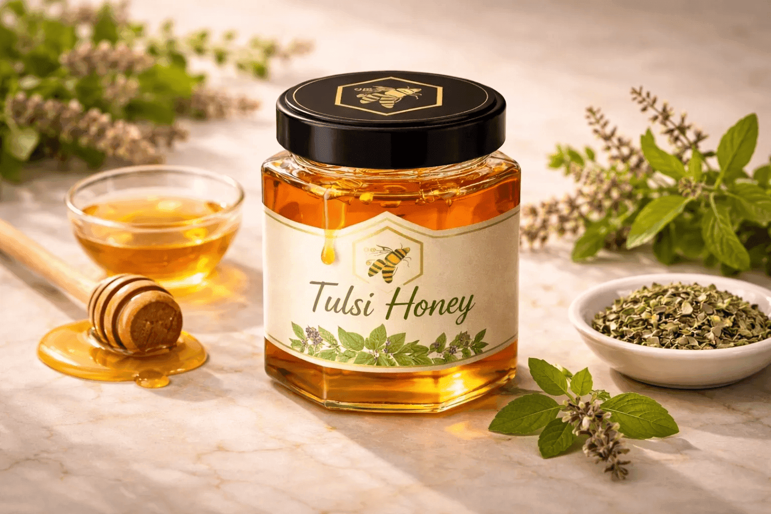 Tulsi Honey — Holy Basil (Ocimum tenuiflorum) monofloral honey, raw and cold-extracted by NectaBee